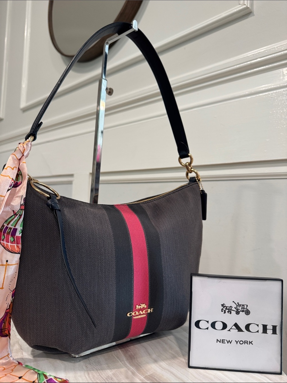 Coach Bag Skylar Small Hobo Gray Electric Pink Varsity Stripe  Shoulder Bag